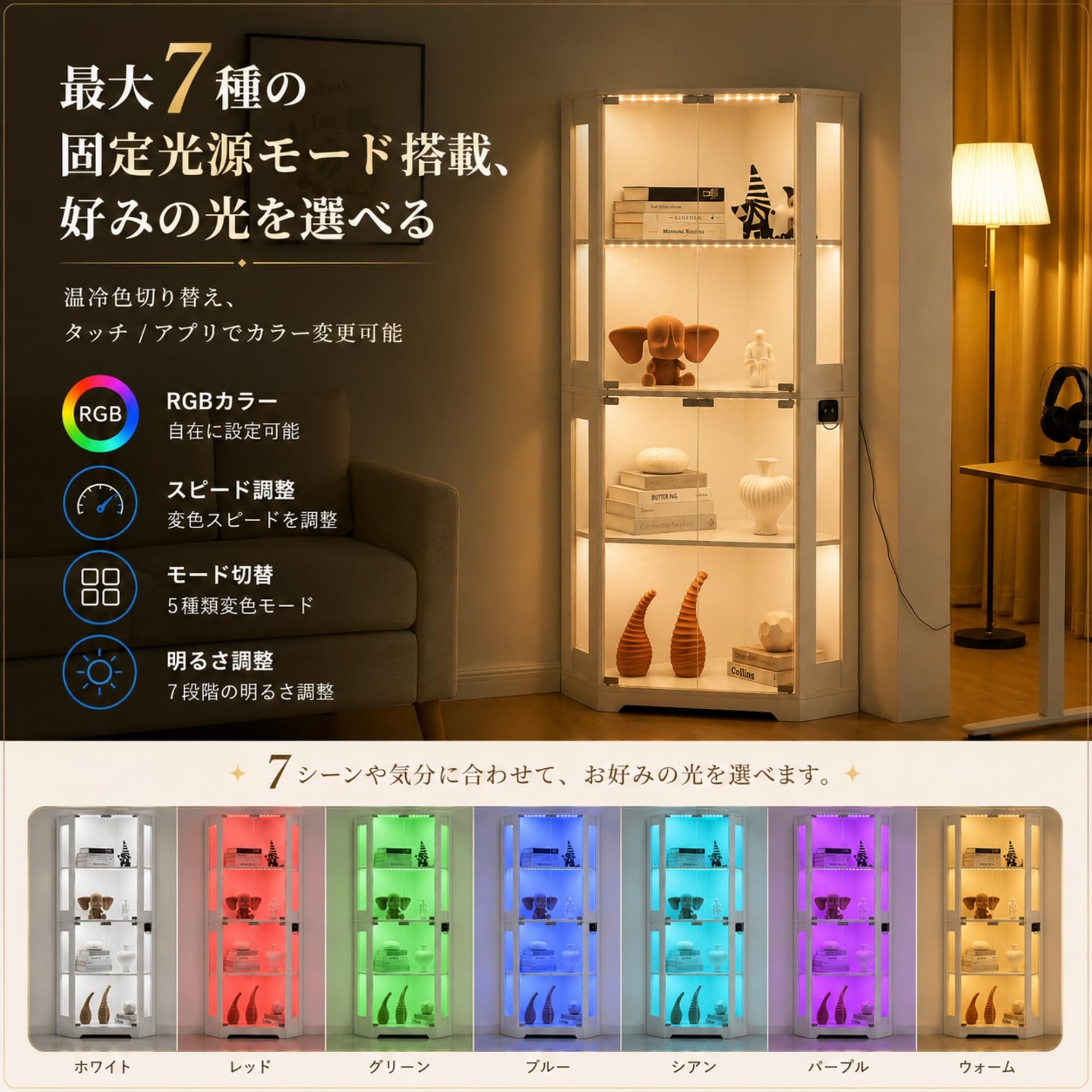 Amazon.co.jp: コレクションケース 4段棚 ガラス扉 7色LEDライト 人感